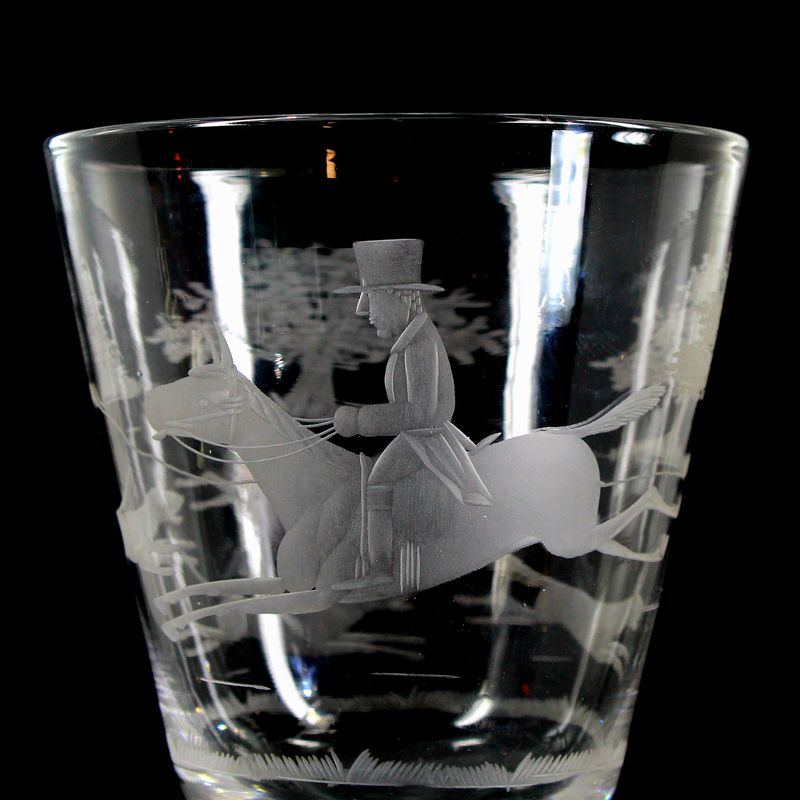 Large wine glass with engraved fox hunt and rider, England, late 18th century.