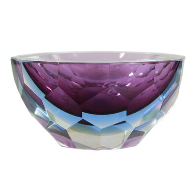 Vielfach facettierte Sommerso Schale mit blauen Innenfang, Murano um 1955-70