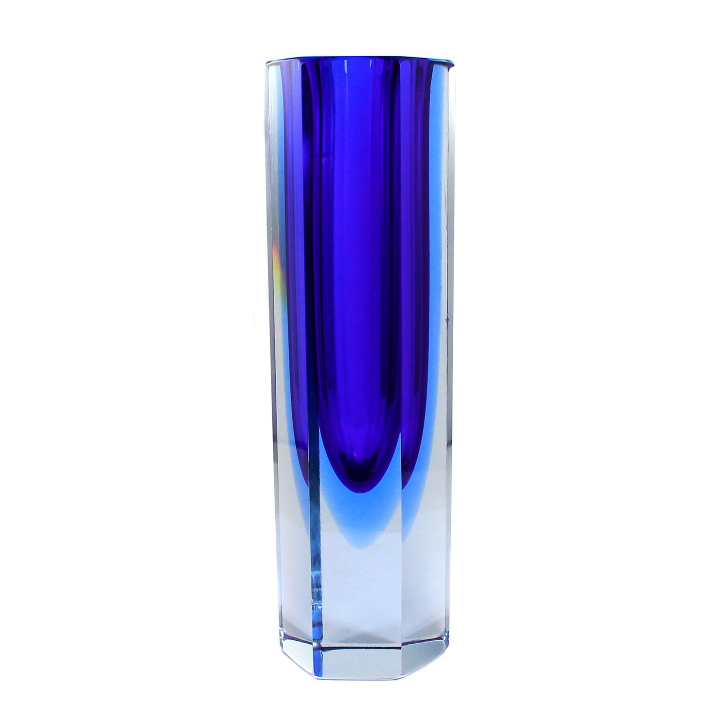 Block vase made of colorless glass with a dark blue inner catch and a light blue intermediate catch.