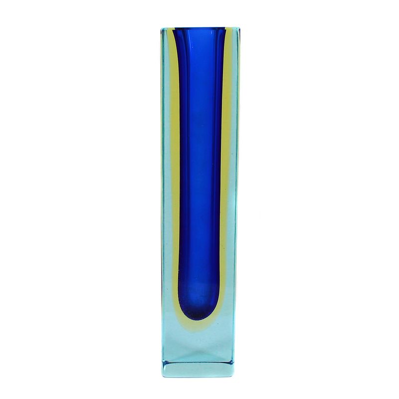 Block vase made of light blue glass with dark blue inner rim and yellow intermediate rim.