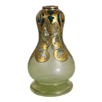 Vase aus hellgrünem Uranglas mit Goldmalerei, Fritz Heckert, Dekor Adolph Heyden