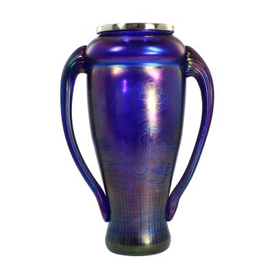 Jugendstil Vase mit Seerosendekor und Silbermontur, Glashütte Schliersee um 1900