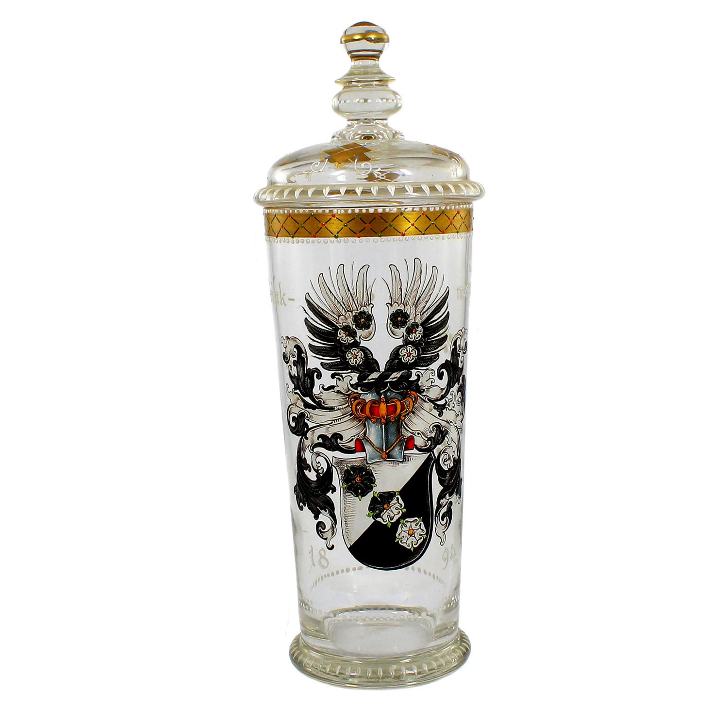 Bar glass with lid &amp; Brinkmann coat of arms in enamel painting, Josephinenhütte, Goedecke