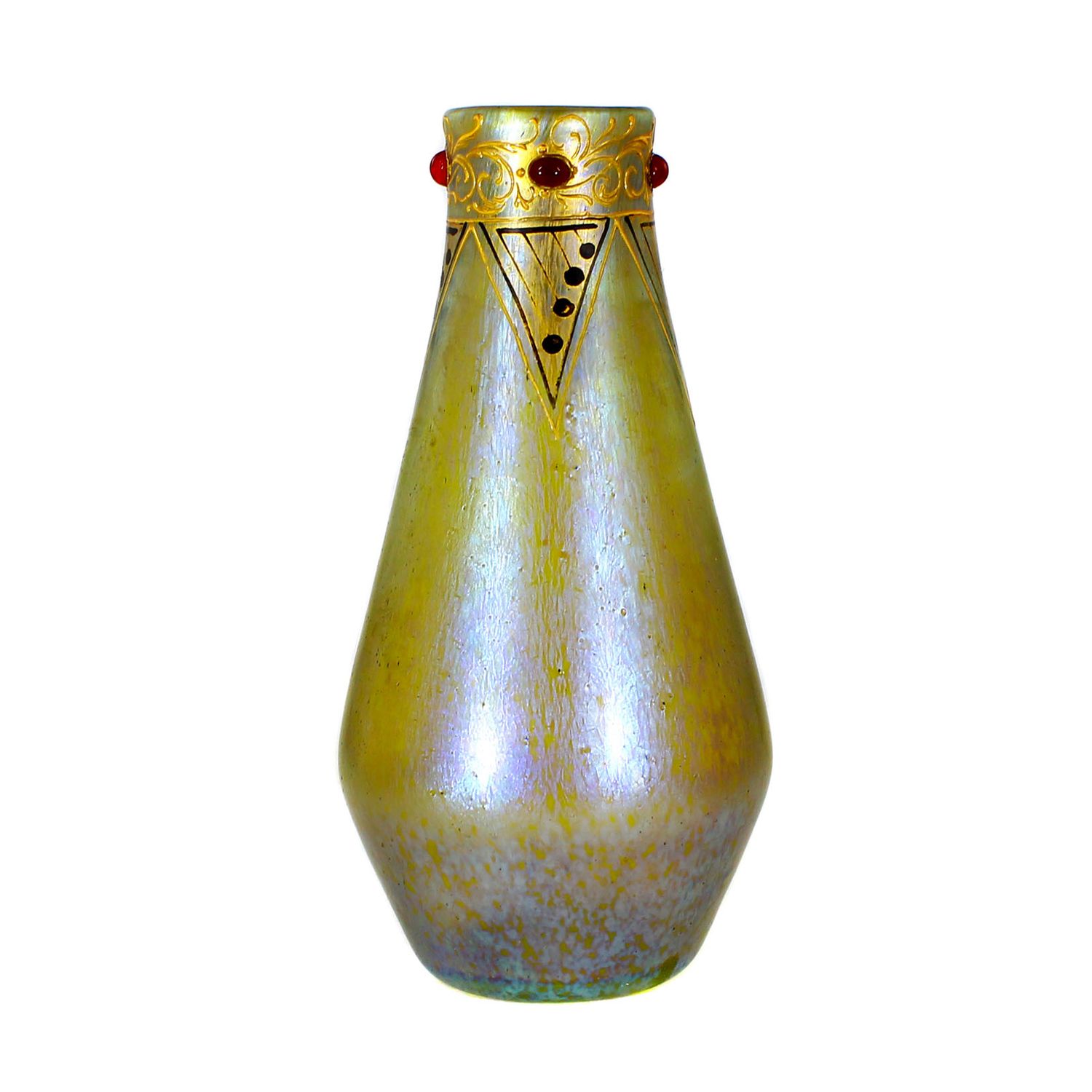 Vase with silver iris decoration and applied ruby cabochons, Loetz, Dec. 361, circa 1900.