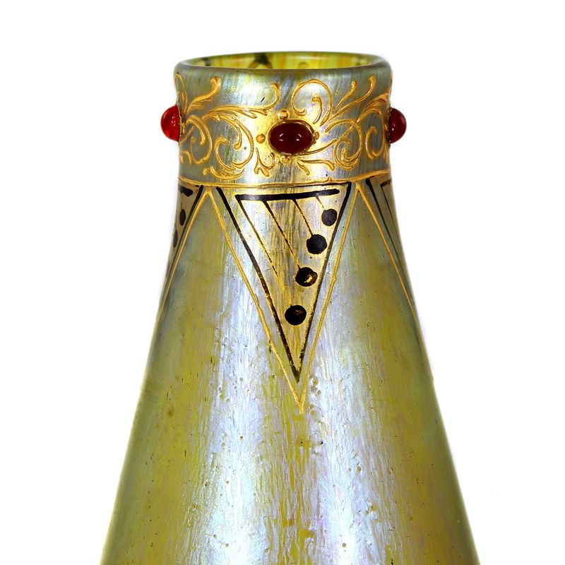 Vase with silver iris decoration and applied ruby cabochons, Loetz, Dec. 361, circa 1900.