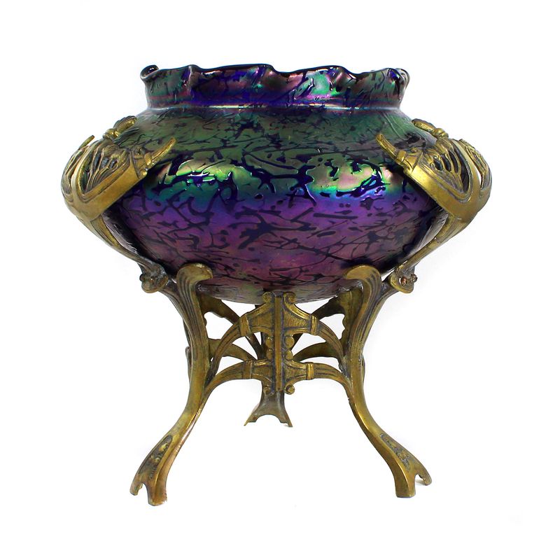 Vase with stick fragments in metal fitting, Fritz Heckert, designed by Thamm around 1902
