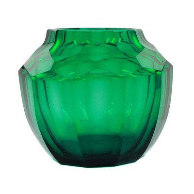 Vielfach facettierte kleine Vase aus grünem Glas, Oertel um 1920