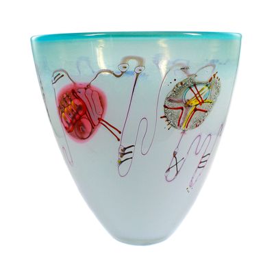 Sudioglas Vase mit mehrfarbigen Zwischenschicht Dekor, sign. Ingrid Donhauser 1989