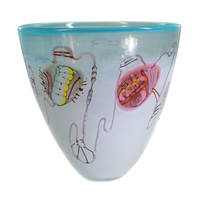 Sudioglas Vase mit mehrfarbigen Zwischenschicht Dekor, sign. Ingrid Donhauser 1989