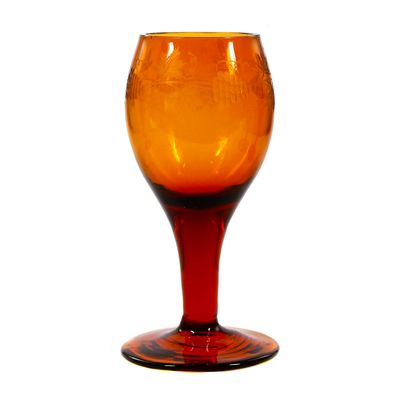 5 goblets made of amber-colored glass with decorative cut decoration, early 19th century. ​