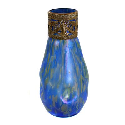 Jugendstilvase mit Farbkröseln und bronzierter Metallmontur, wohl Rindskopf um 1900