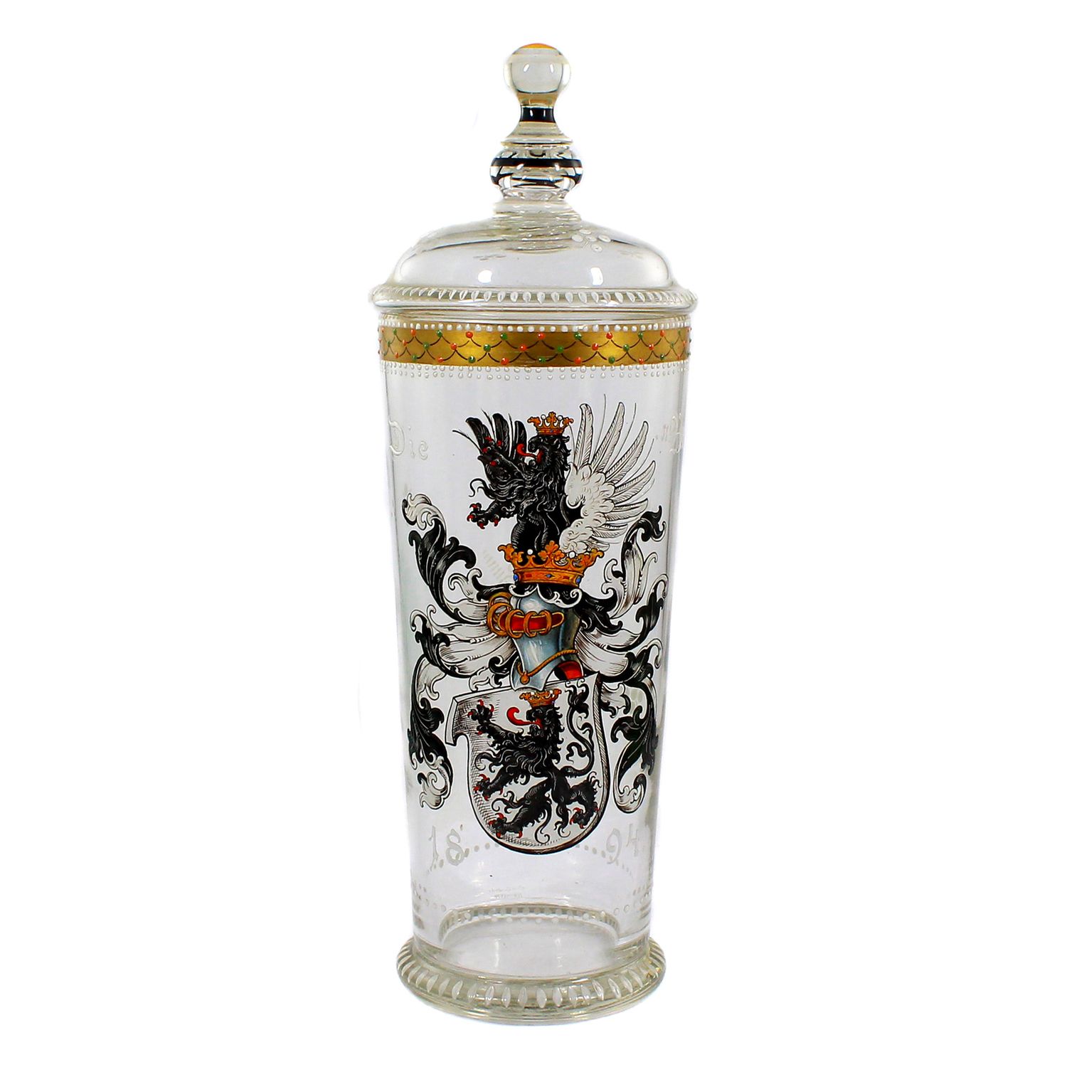 Glass jar with lid and coat of arms of the Bueren in enamel painting, Josephinenhütte