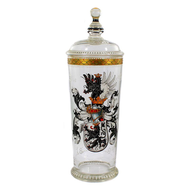 Glass jar with lid and coat of arms of the Bueren in enamel painting, Josephinenhütte