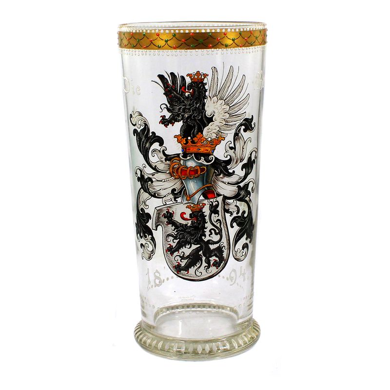 Glass jar with lid and coat of arms of the Bueren in enamel painting, Josephinenhütte
