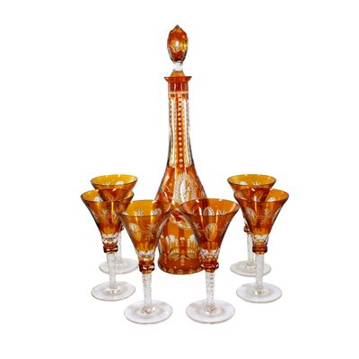 Rare large carafe with 6 goblets in amber etching, Max Kray, Berlin