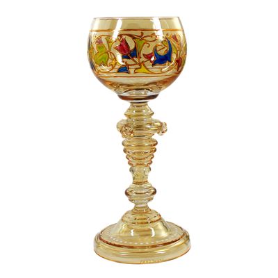Pair of wine goblets with translucent enamel and gold relief, signed by Fritz Heckert