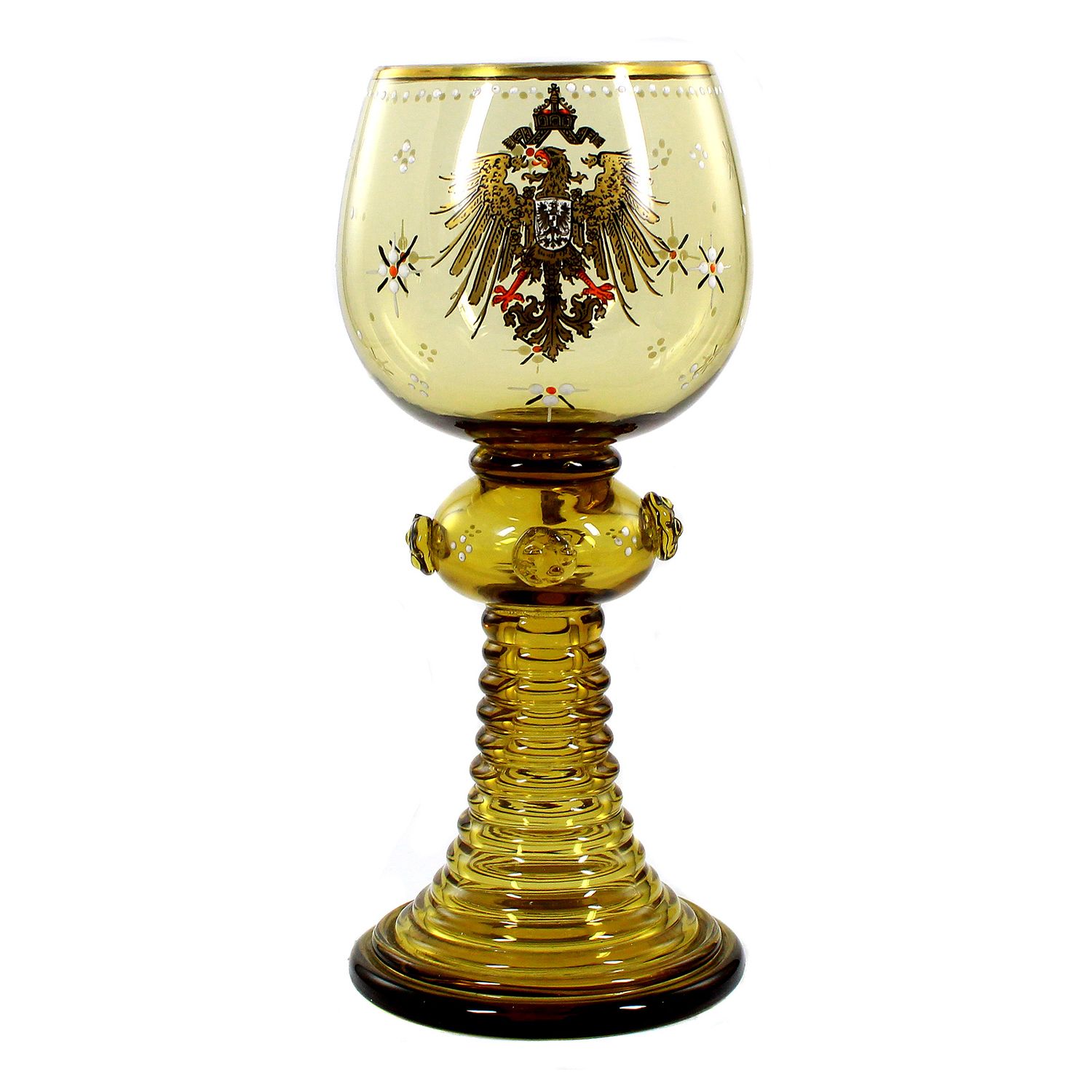 Wine goblet made of topaz-colored glass with imperial eagle, Josephinenhütte around 1900