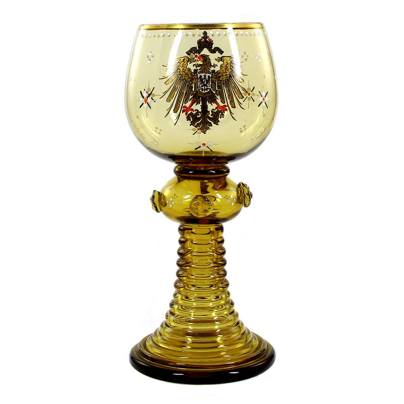 Wine goblet made of topaz-colored glass with imperial eagle, Josephinenhütte around 1900