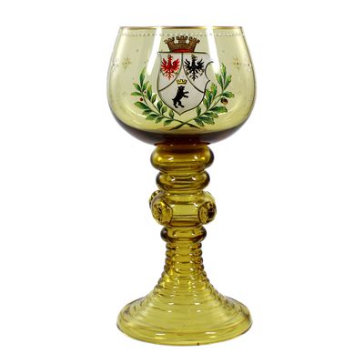 Wine goblet made of topaz-colored glass with coat of arms Berlin, Josephinenhütte around 1900