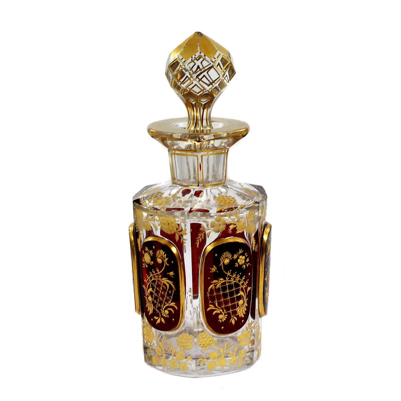 Bottle with high-cut oval fields and deep-cut flowers, Josephinenhütte around 1900
