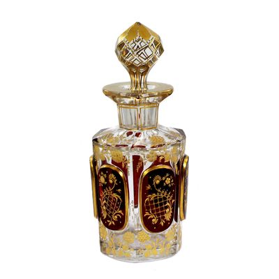 Bottle with high-cut oval fields and deep-cut flowers, Josephinenhütte around 1900