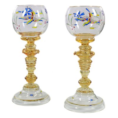 Pair of Romans with bird of paradise in opaque enamel painting, Josephinenhütte, around 1987