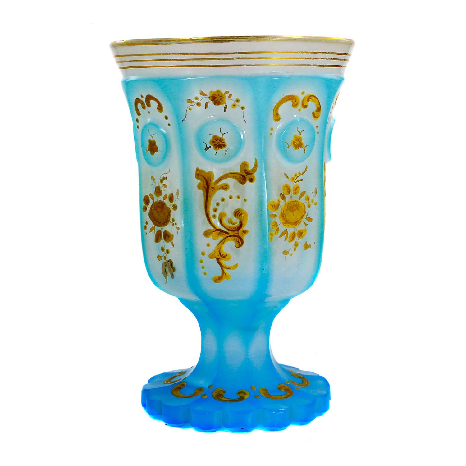 Footed alabaster glass beaker with light blue overlay and button medallions, Annathal