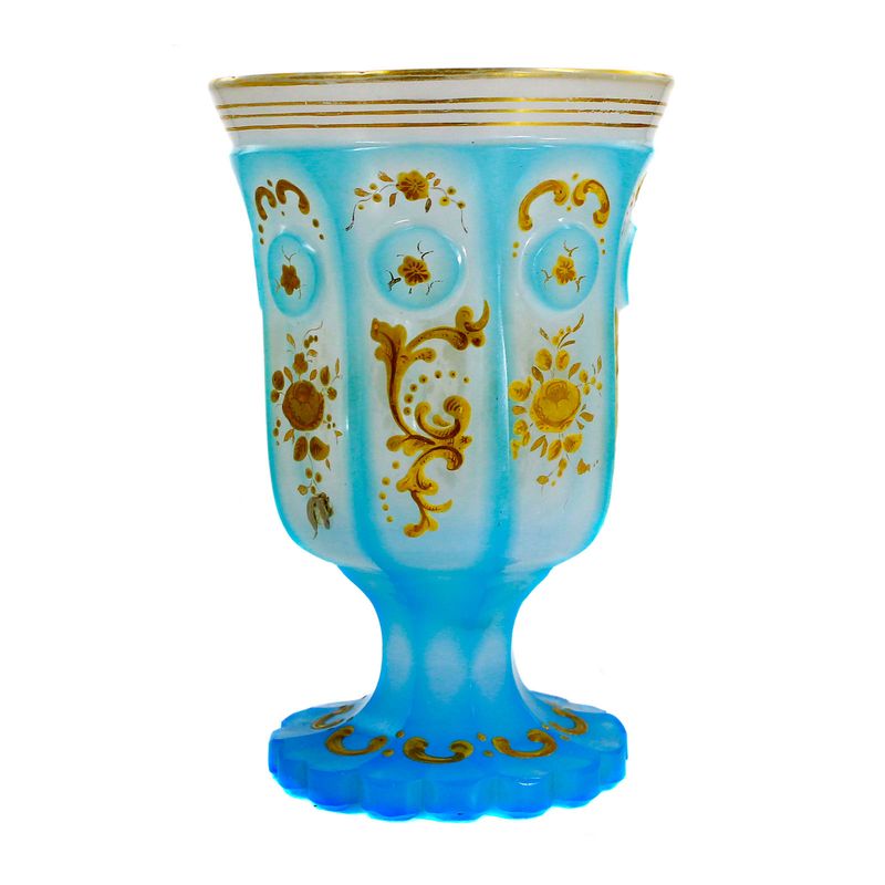 Footed alabaster glass beaker with light blue overlay and button medallions, Annathal
