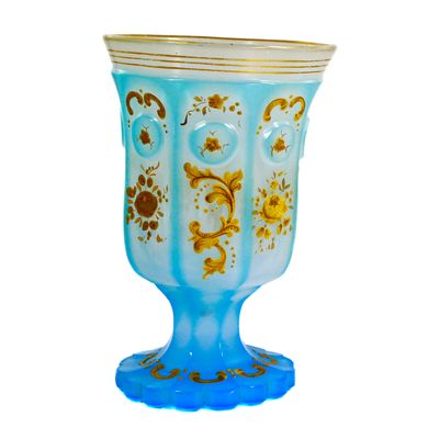 Footed alabaster glass beaker with light blue overlay and button medallions, Annathal