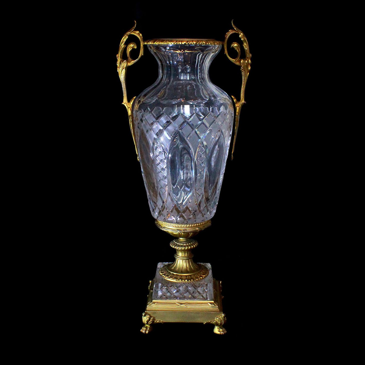 75cm high magnificent vase with gilded metal fittings and crystal glass, France