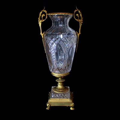 75cm high magnificent vase with gilded metal fittings and crystal glass, France
