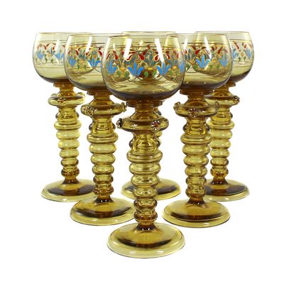 6 Roman vases with berry knobs and enamel painting, Fritz Heckert, decor designed by O. Thamm