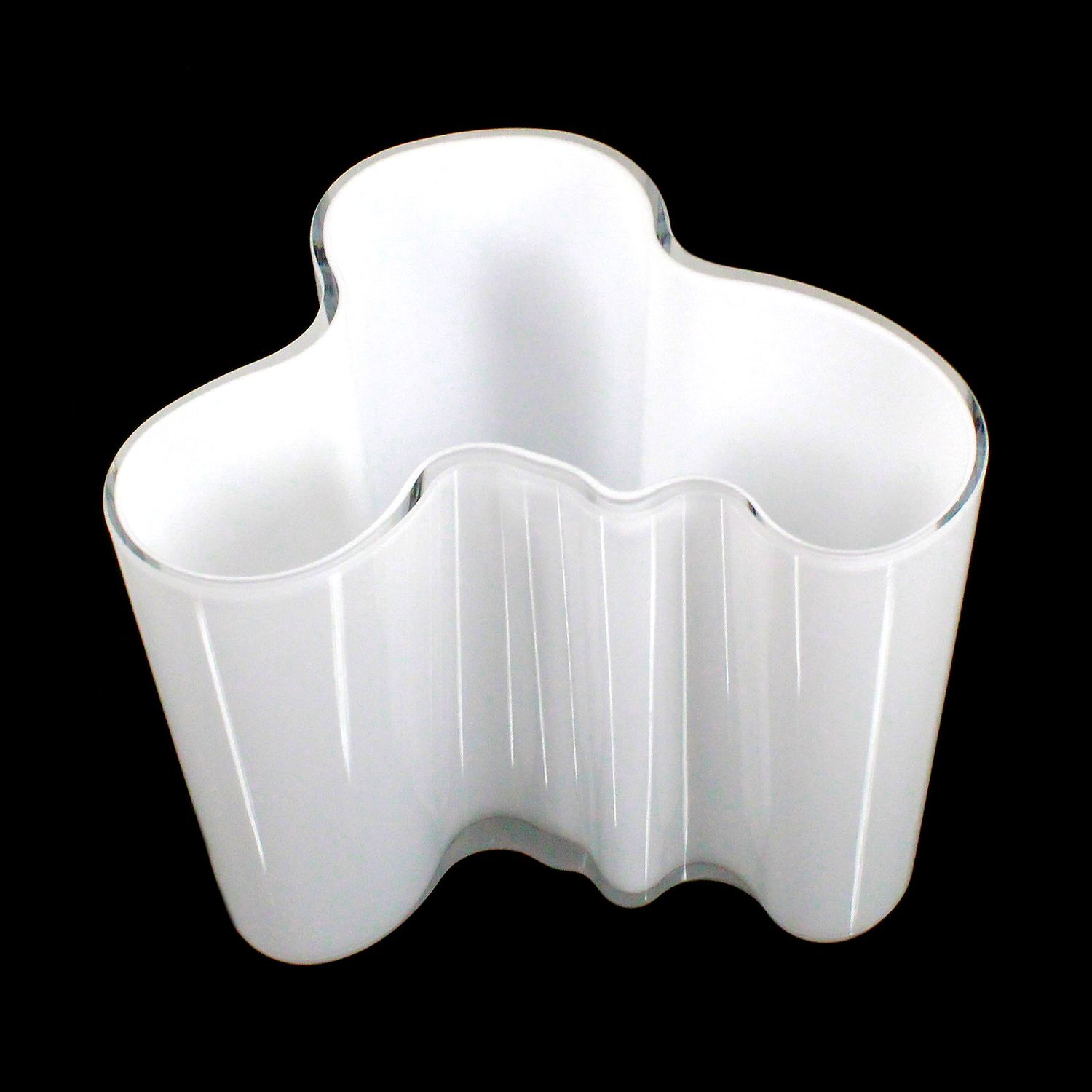 Iittala Savoy vase in colorless glass with opaque white interior overlay, designed by Alvar Aalto