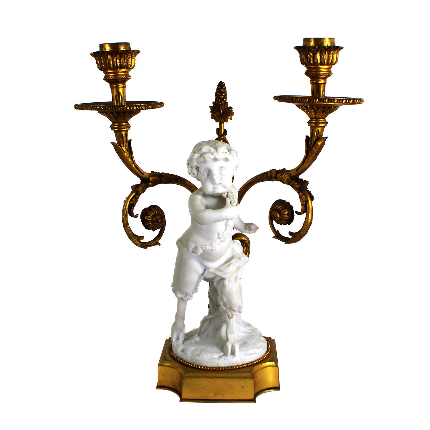 Bronze candlestick with Greek faun in biscuit porcelain, 2nd half of the 19th century.