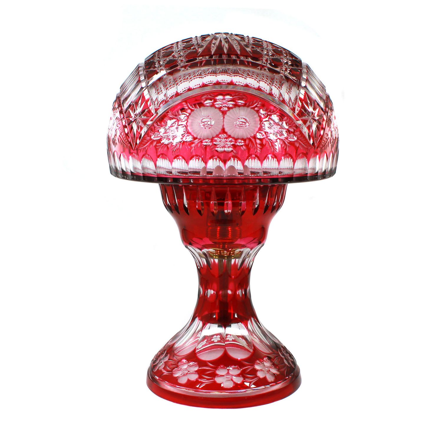Table lamp made of colorless crystal glass with rose-colored overlay, Bohemia or Silesia