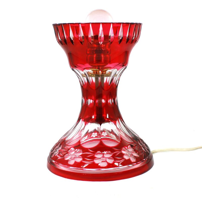 Table lamp made of colorless crystal glass with rose-colored overlay, Bohemia or Silesia