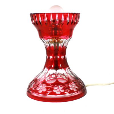 Tischlampe aus farblosem Kristallglas mit rosefarbenen Überfang, Böhmen oder Schlesien