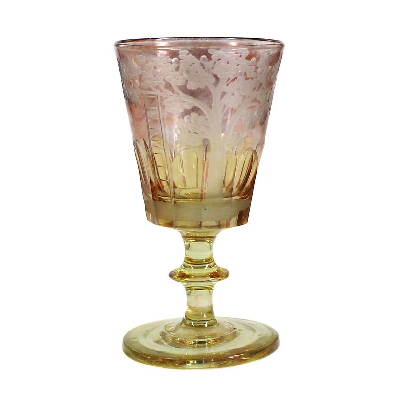Glazed goblet glass with engraved Tree of Life and attached ladder, circa 1850-60