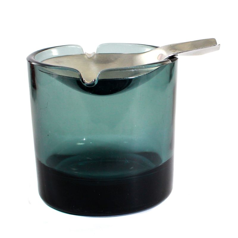 Tilting ashtray made of grey-green tinted pressed glass, circa 1959