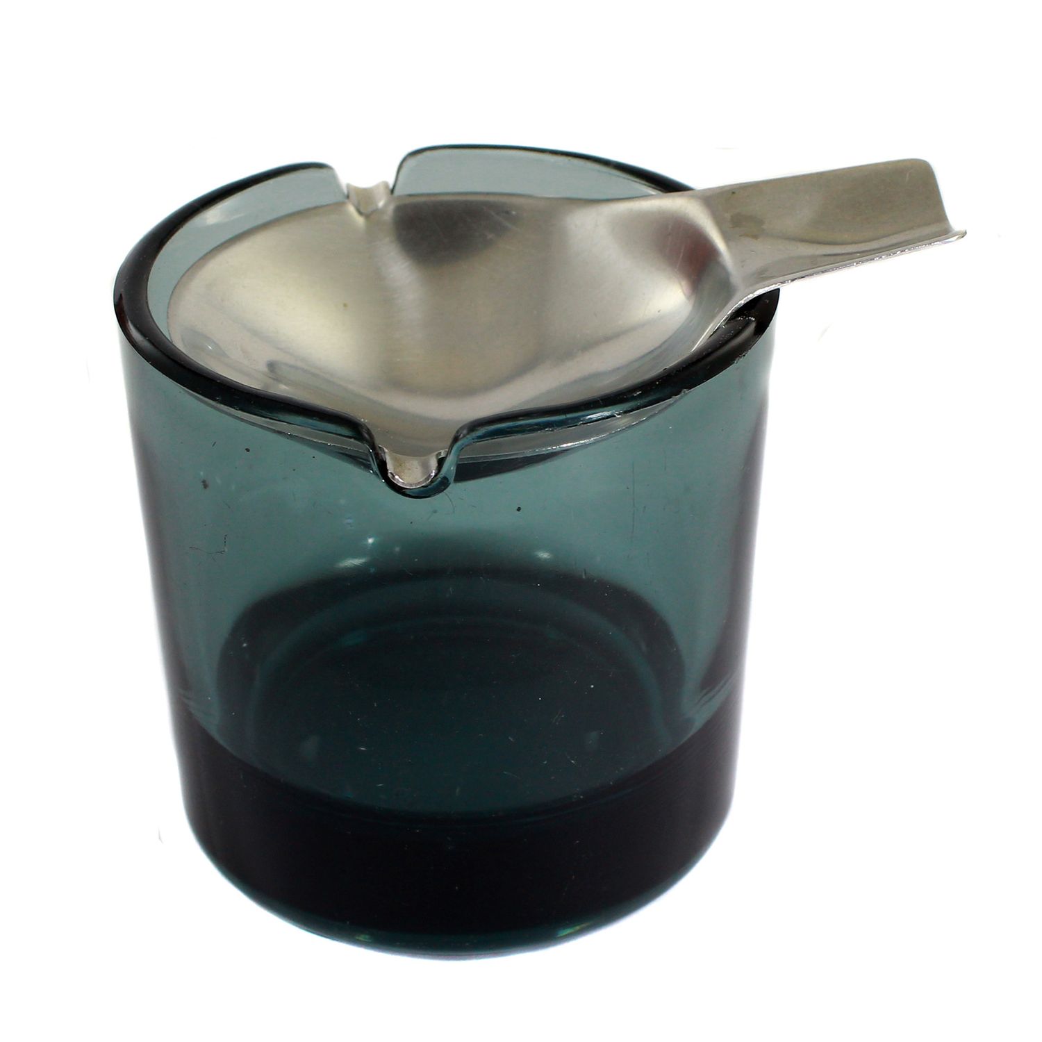 Tilting ashtray made of grey-green tinted pressed glass, circa 1959