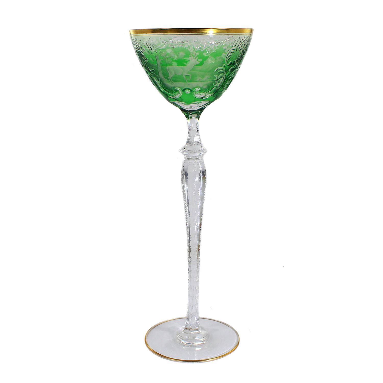 Rare and tall stemmed glass with jade-like cut decoration, Josephinenhütte, circa 1928-30