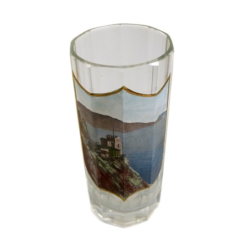 Tall faceted view glass with enameled coats of arms &amp; coastal view