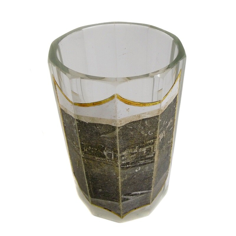Faceted view glass with enameled coat of arms &amp; lithographed view of the Rhine