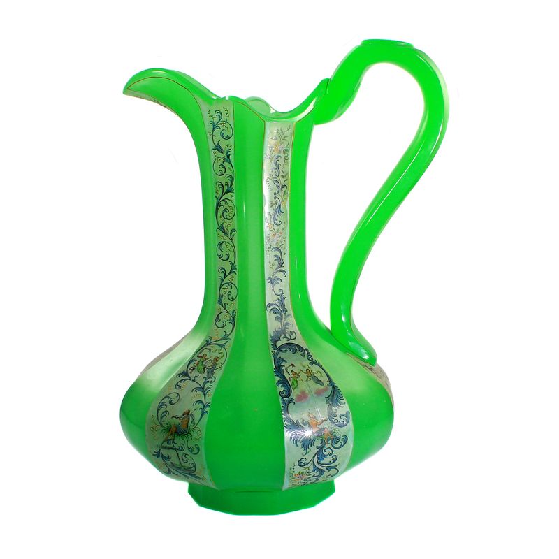 Rare jug made of colored alabaster glass with enamel painting, probably Annathal