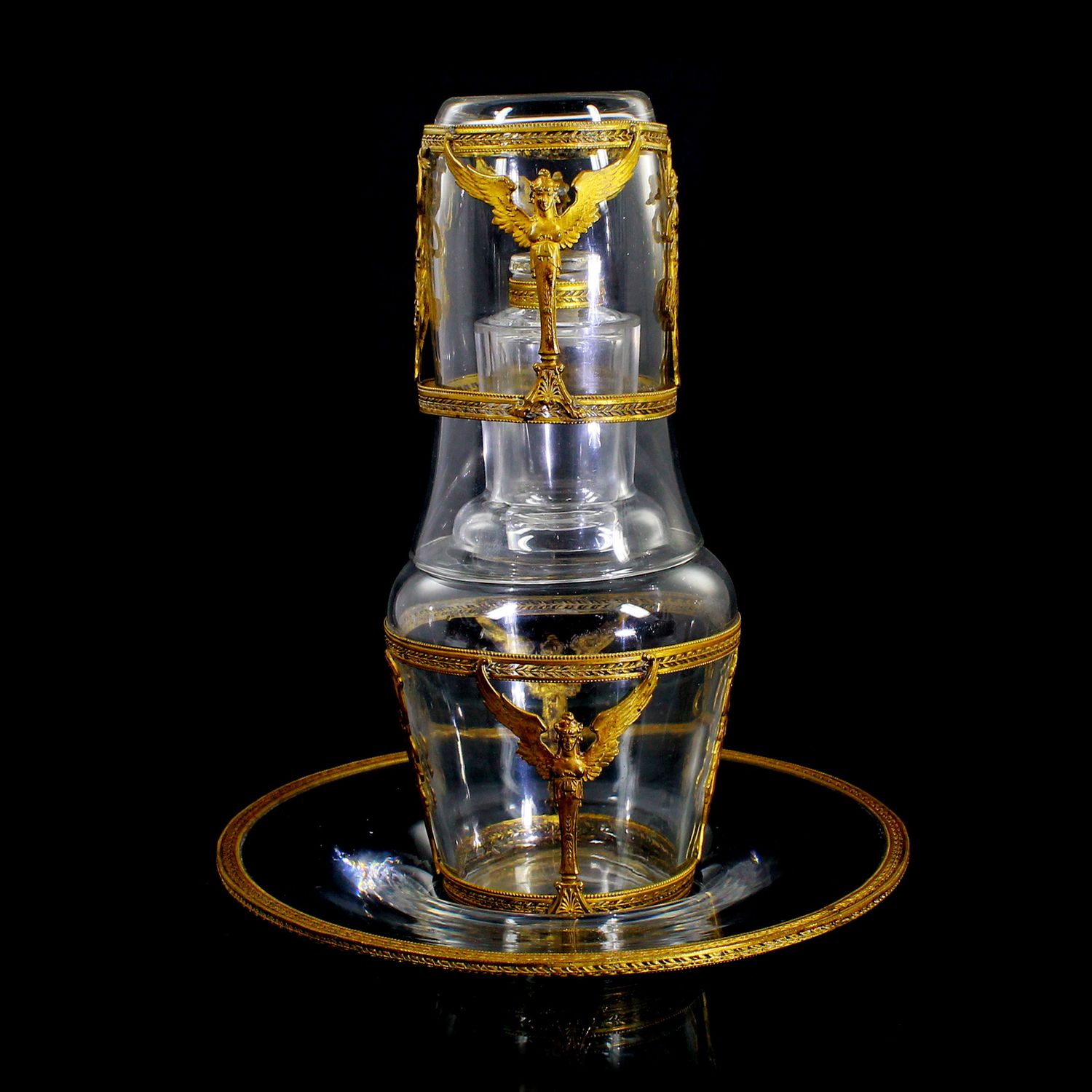 Decanter with stopper, mug, plate with brass fittings, probably France around 1870