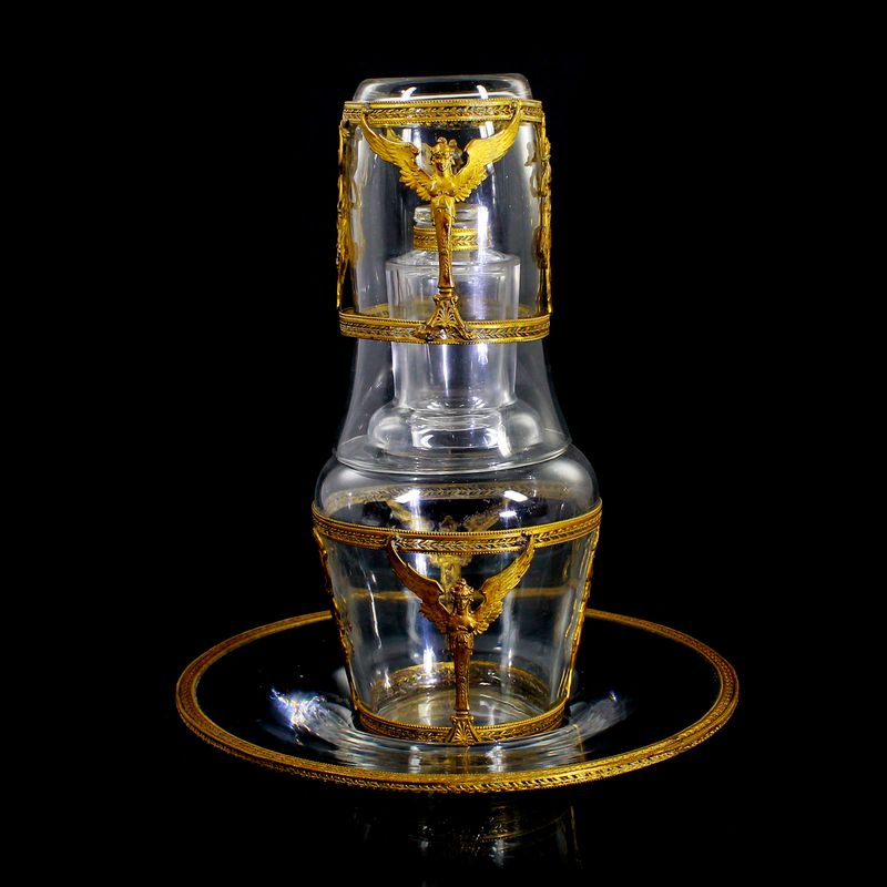 Decanter with stopper, mug, plate with brass fittings, probably France around 1870