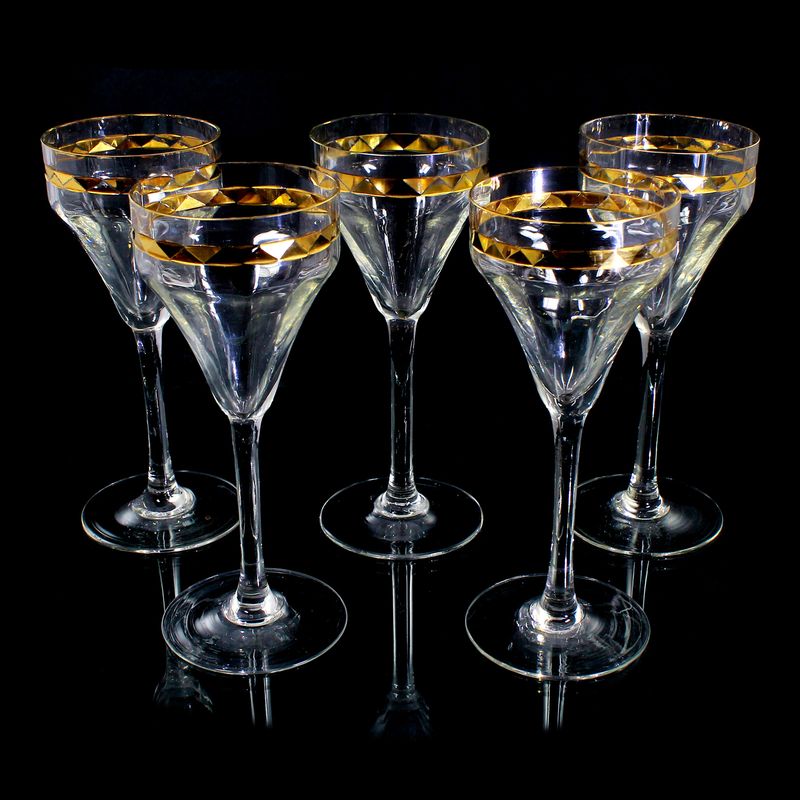 5 stem glasses with surrounding gold-plated decoration, Spiegelau glass factory around 1930