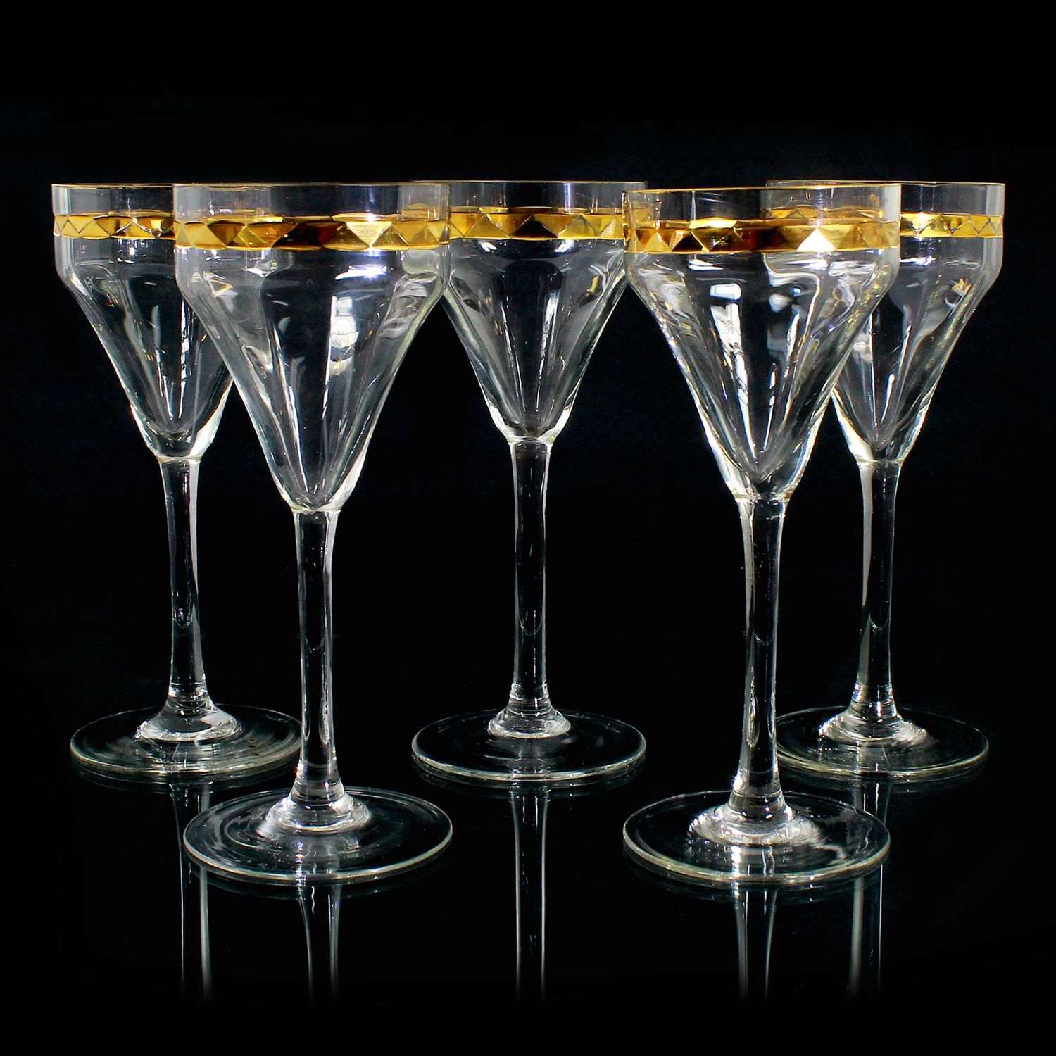 5 stem glasses with surrounding gold-plated decoration, Spiegelau glass factory around 1930