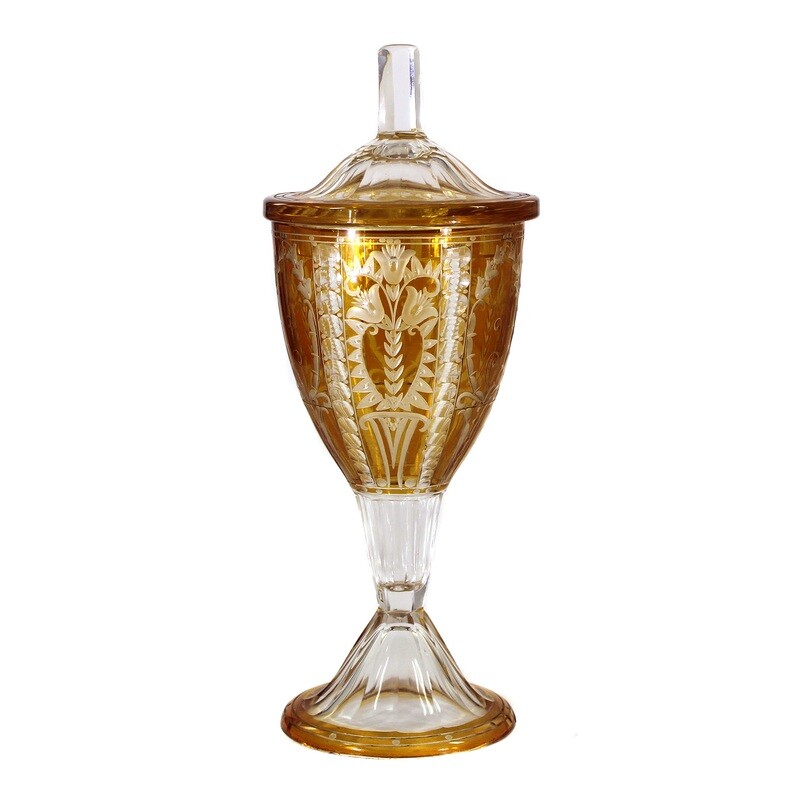 Lidded cup with yellow stain and cut decoration, signed Oertel, Haida around 1915