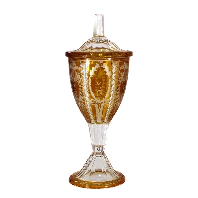 Lidded cup with yellow stain and cut decoration, signed Oertel, Haida around 1915